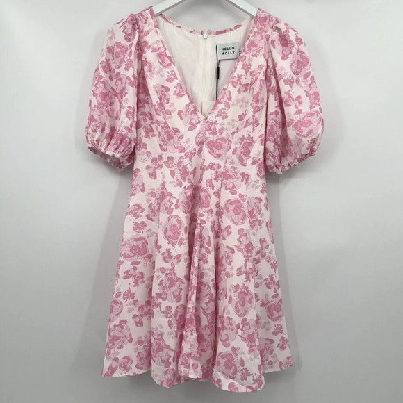 Hello Molly Short Sleeve Pink White Floral Mini Dress V-Neck Women's Size 4 NWT‎ - Picture 1 of 9